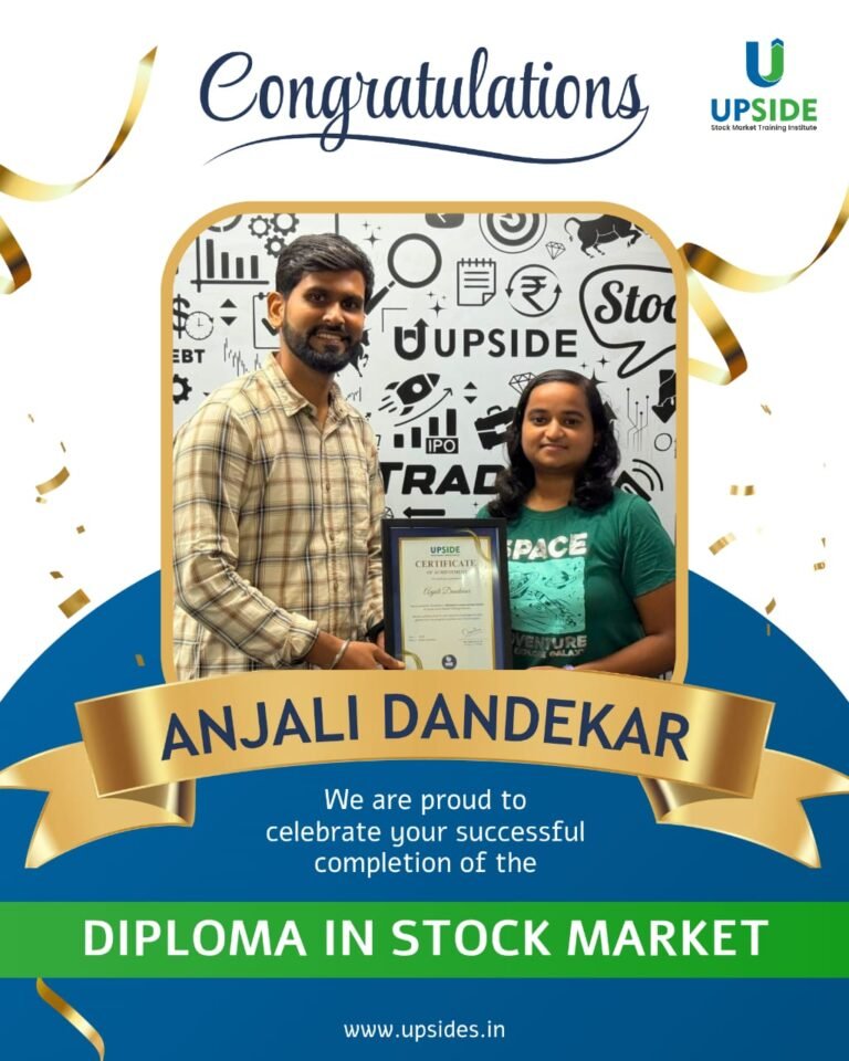 Anjali Dandekar receiving the Diploma in Stock Market certificate at Upside Stock Market Training Institute