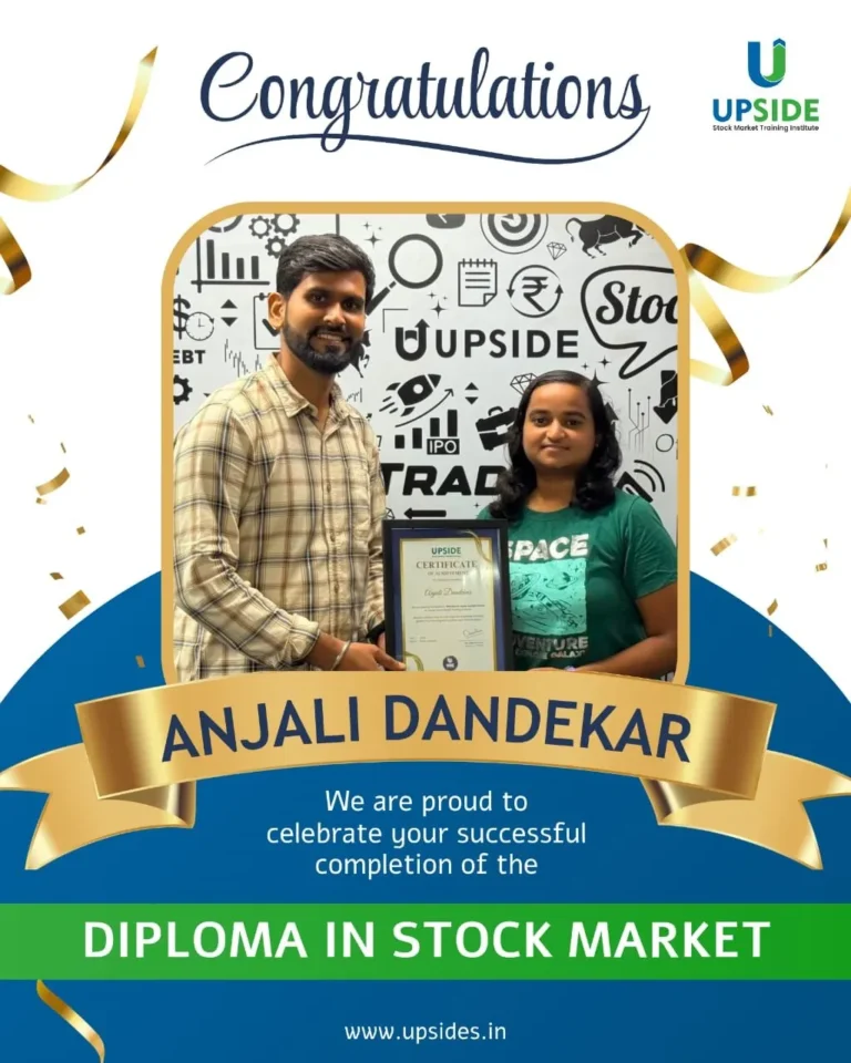 Anjali Dandekar receiving the Diploma in Stock Market certificate at Upside Stock Market Training Institute