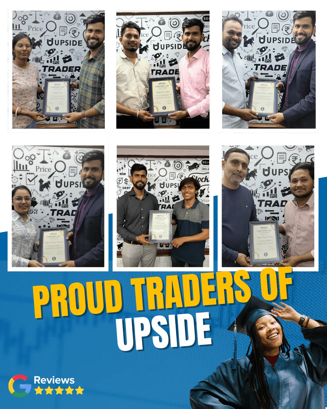 Upside students receiving their stock market course certificates with mentors